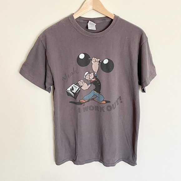 Popeye “Yeah, I Workout!” Gray Cartoon Graphic T Shirt Adult Sz Medium - Picture 1 of 4